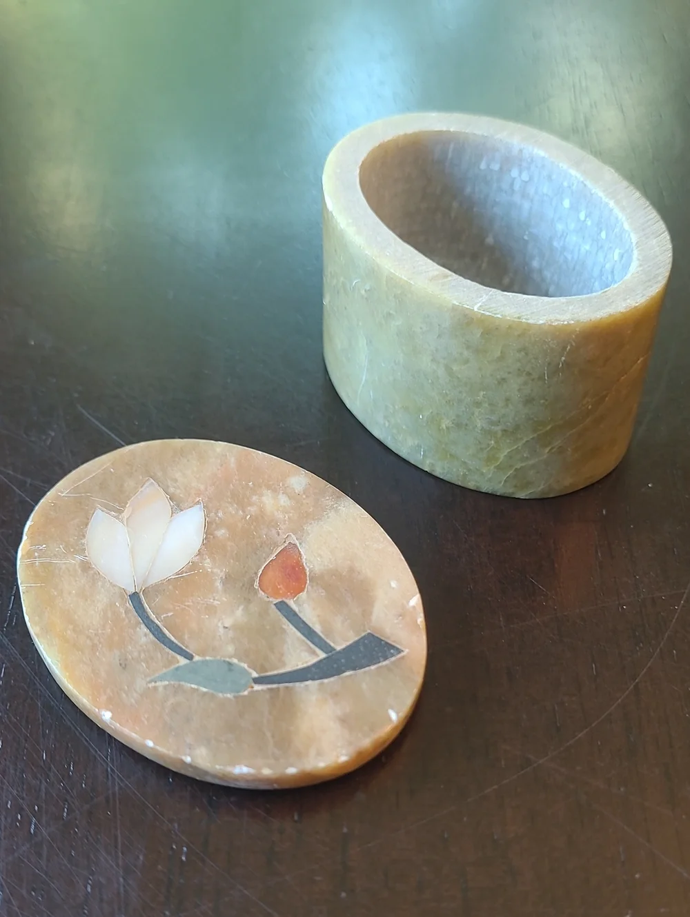 Handmade Stone Trinket Box with Floral Inlay - Cream